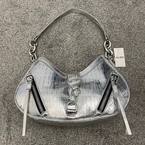 Aldo Metallic Silver Croc-Embossed Hobo Shoulder Bag